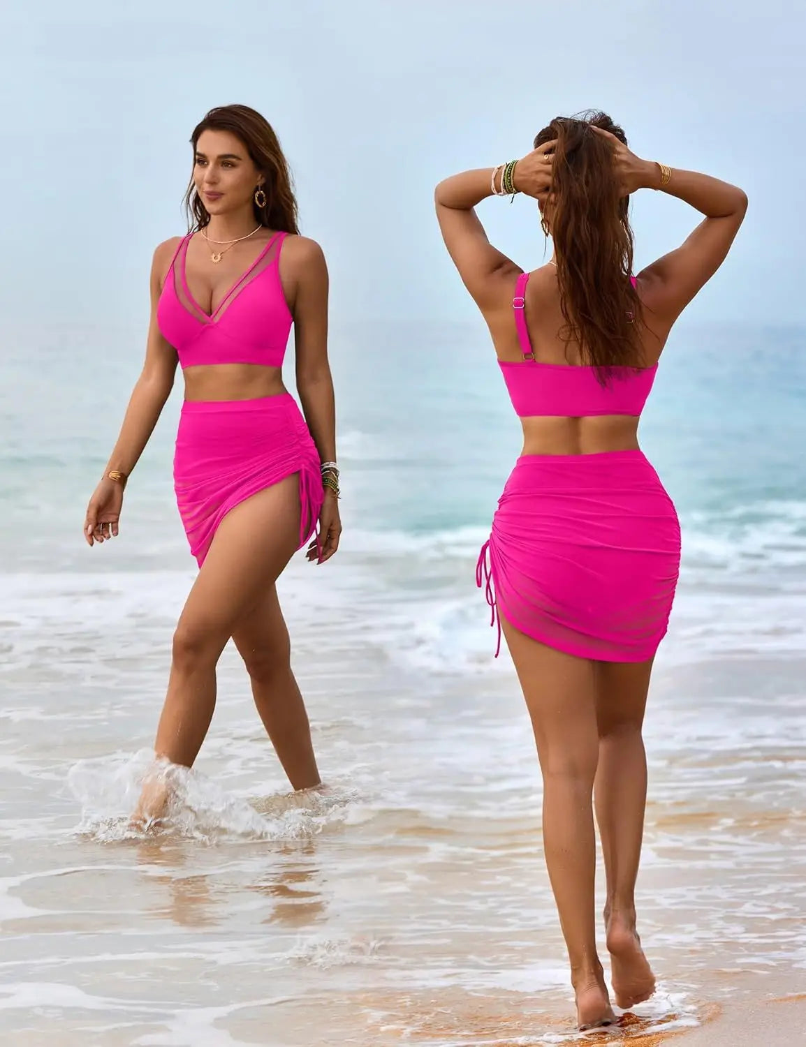 Women’s Mesh Drawstring Swimsuit – Solid Color Stylish Bathing Suit