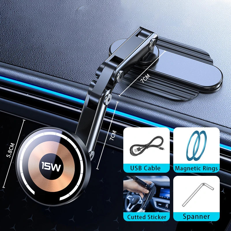15W Magnetic Wireless Car Charger Mount – Strong MagSafe Phone Holder with 360° Rotation & Fast Charging for iPhone 15/14/13/12