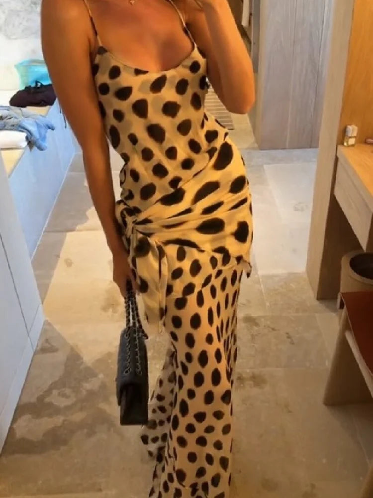 Women's Elegant Animal Print Maxi Dress with Detachable Scarf – Spaghetti Strap, Tie Waist, Slim Fit, Sleeveless Long Dress for Summer, Vacation, Party & Holiday