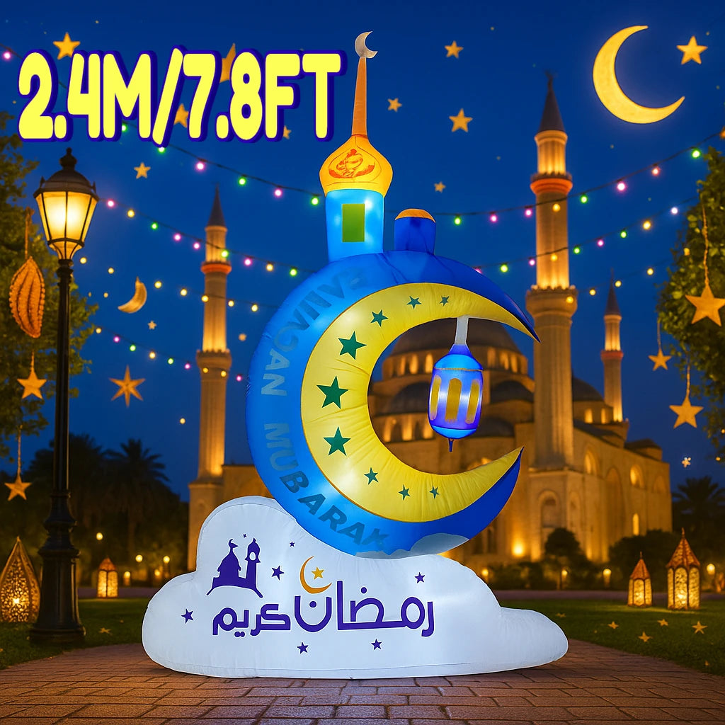Islamic Ramadan & Eid Inflatable Moon Outdoor Decoration, 2.4M (7.8FT) LED Yard Ornament