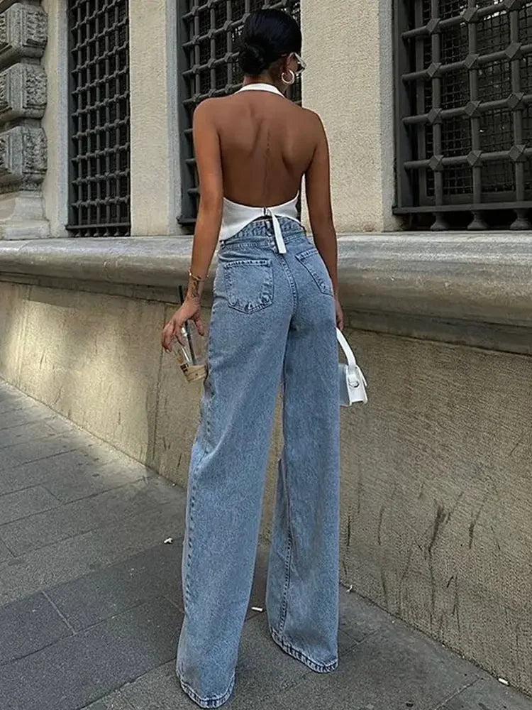 Women’s High-Waist Distressed Denim Jeans with Sheer Mesh Knee Panels – Trendy Streetwear Pants | Italian Street Style