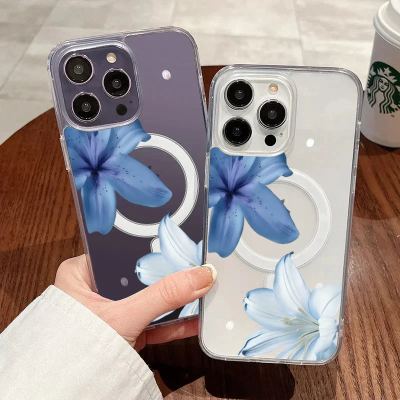 Elegant Blue Lily Pattern Silicone Phone Case