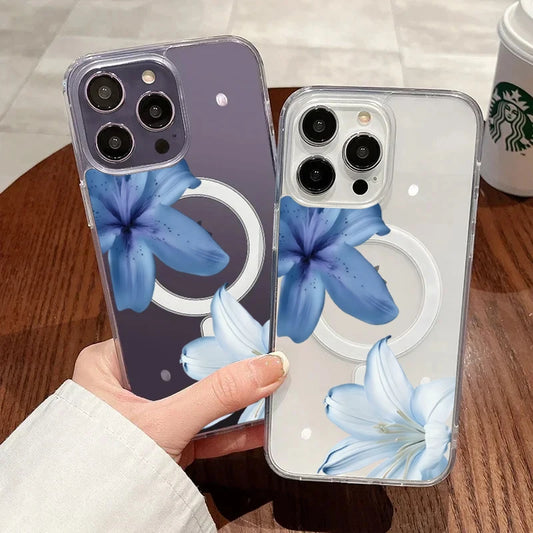 Elegant Blue Lily Pattern Silicone Phone Case