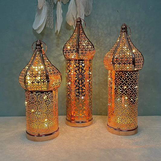 1pc Golden Moroccan Hollow Iron Lantern Ramadan Home Decoration Light Ornaments Without Batteries Crafts Decor