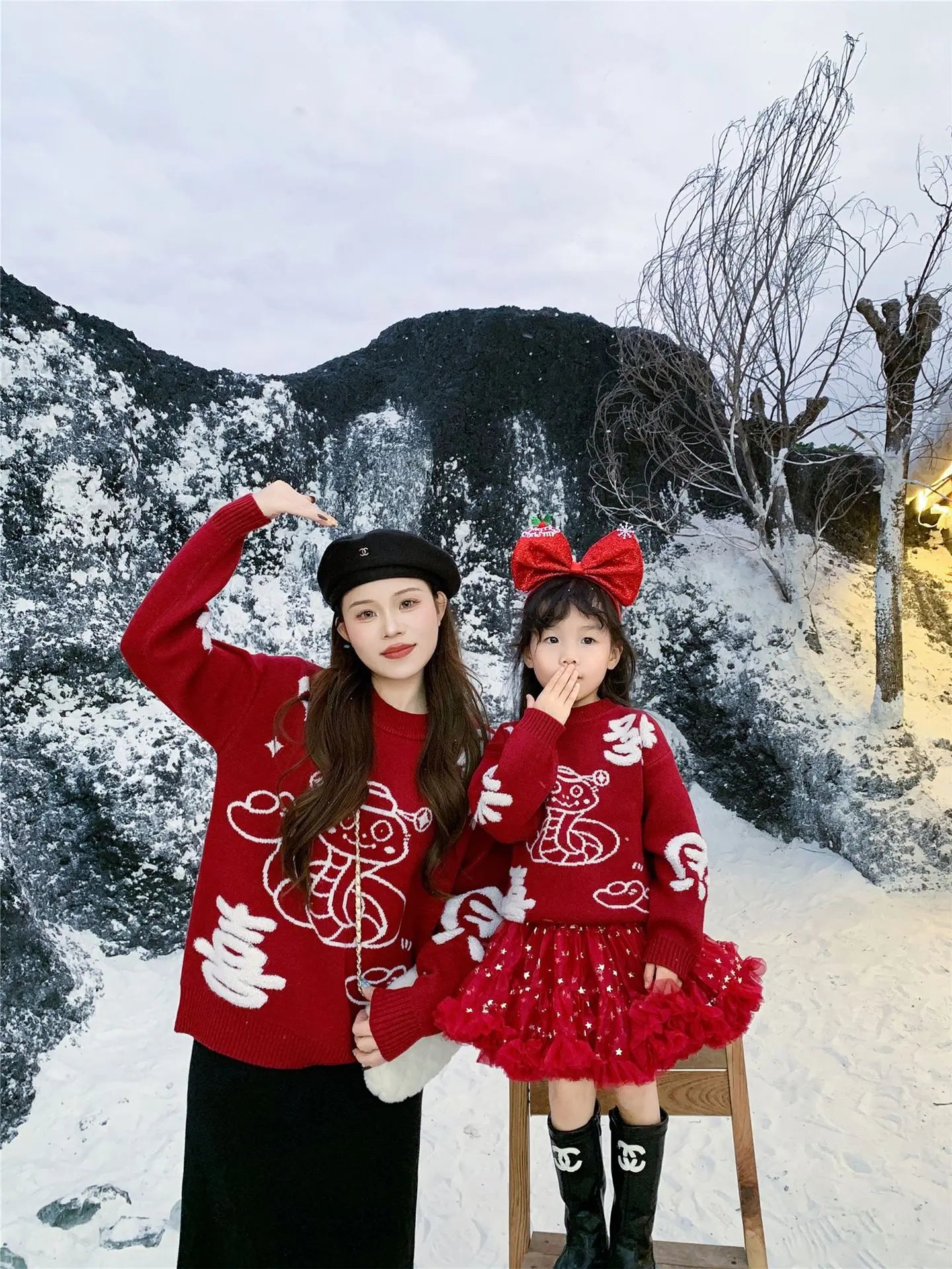 New Year Matching Family Red Chinese Sweater Father Mother and Daughter Son Snake Knit Jumper Infant Baby Knit Romper