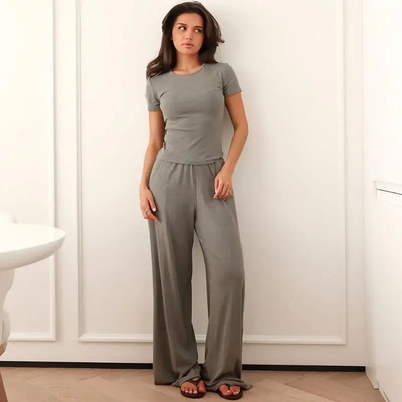 Women’s Casual Two-Piece Set – Slim O-Neck Short Sleeve T-Shirt & Elastic Waist Long Pants, Summer & Autumn Solid Outfits