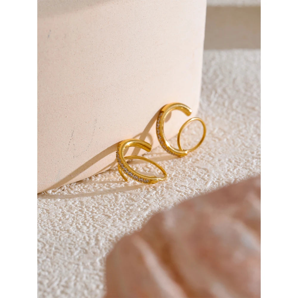 Stainless Steel Twisted Hoop Earrings with Cubic Zirconia for Women – Double-Look Design, Waterproof Fashion Jewelry