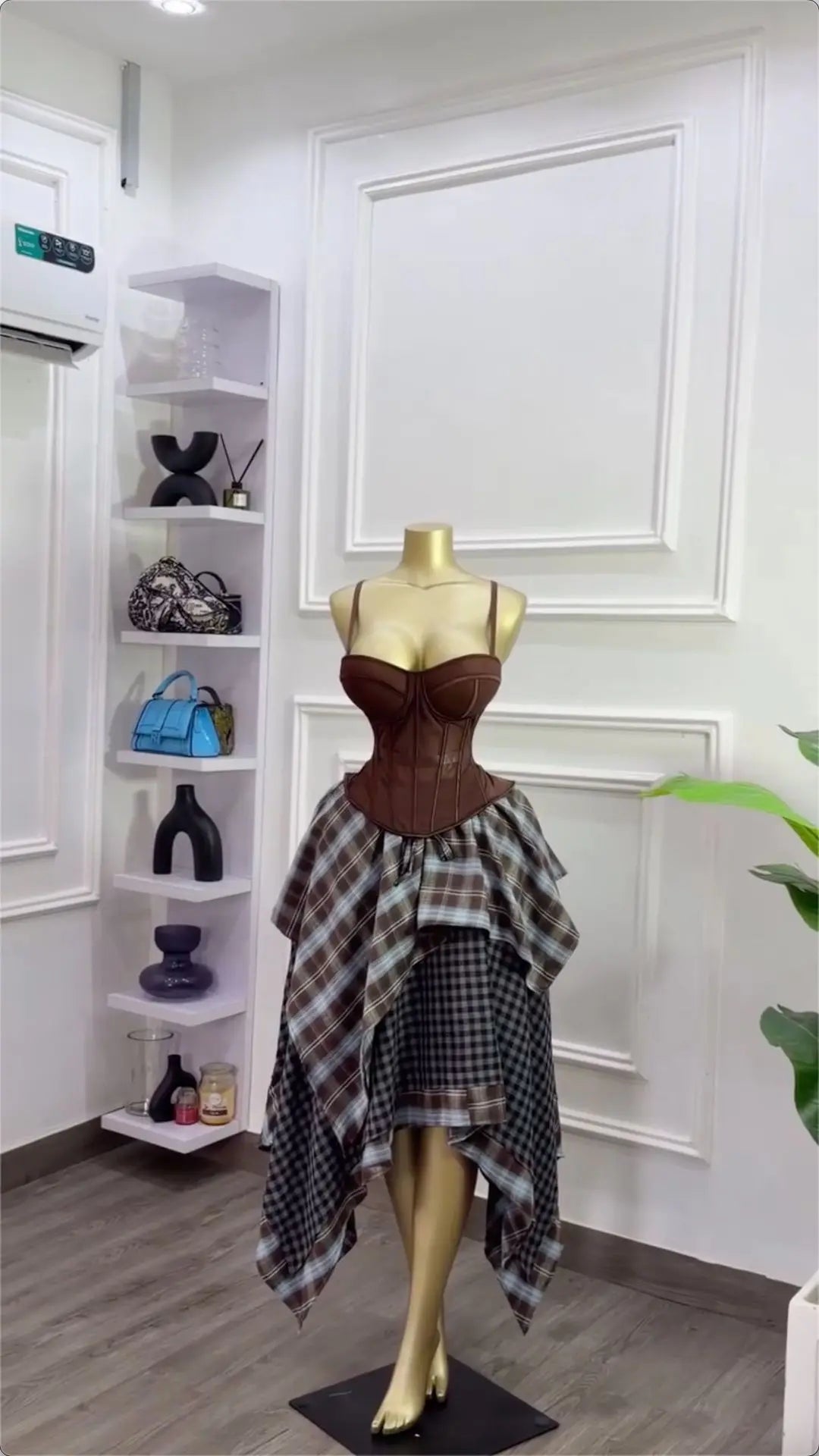 Y2K Retro Brown 2-Piece Mesh Bustier Top and Plaid Skirt Set