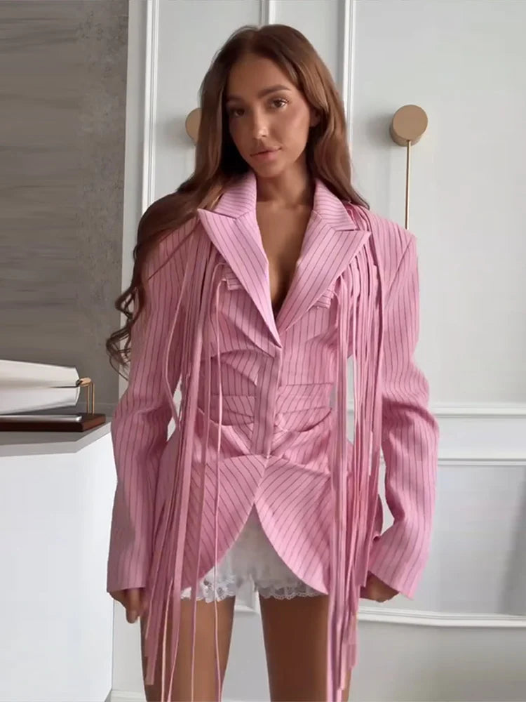 Women's Pinstripe Blazer Jacket with Padded Shoulders, Fitted Waist, Turn-Down Collar & Detachable Tassel Straps