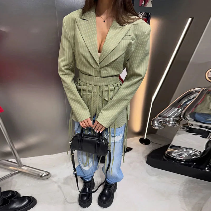 Women's Pinstripe Blazer Jacket with Padded Shoulders, Fitted Waist, Turn-Down Collar & Detachable Tassel Straps