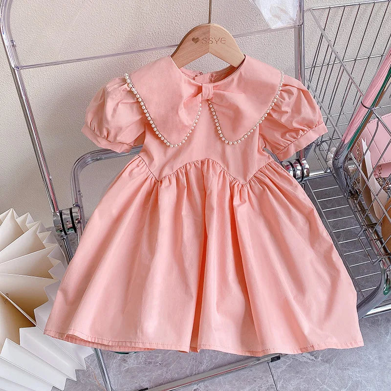 Fashion LOVE DD&MM Girls Princess Dresses Summer Casual Kids Sweet Pearl Short Sleeve Dress Baby Costume Party Vestidos Clothes Outfits