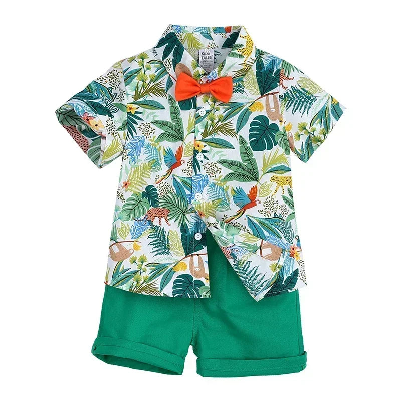 Baby Boys Floral Shirt & Shorts Set with Bowtie, Summer Gentleman Outfit for Infants and Kids
