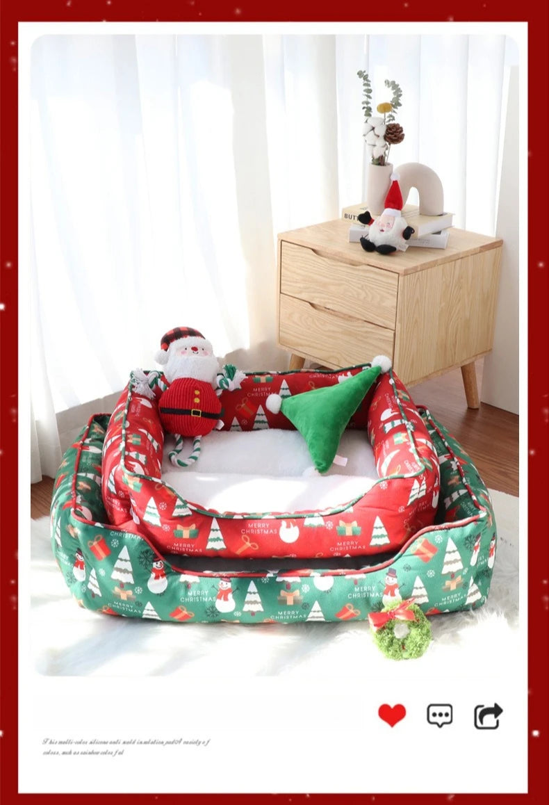 Christmas Cat and Small Dog Bed with Raised Bolster Sides and Soft Sleeping Cushion, Festive Indoor Pet Nest