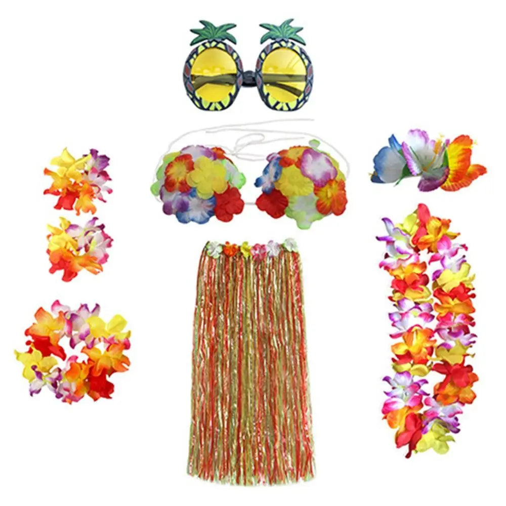 8-Piece Hawaiian Hula Costume Set – Grass Skirt, Flower Lei Necklace, Headband, Anklets & Bracelets for Parties and Dress-Up