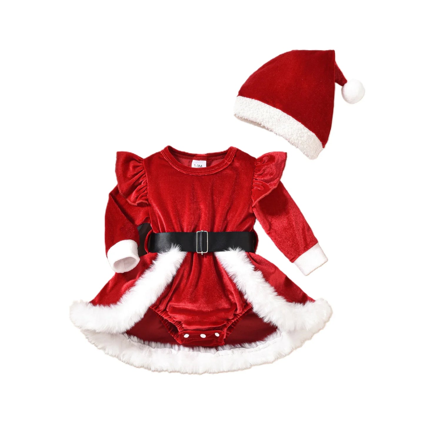 Baby Girl Christmas Outfit – Velvet Romper Dress with Terry Trim, Long Sleeve Jumpsuit & Santa Hat, 0–18 Months, Fall & Holiday Outfit