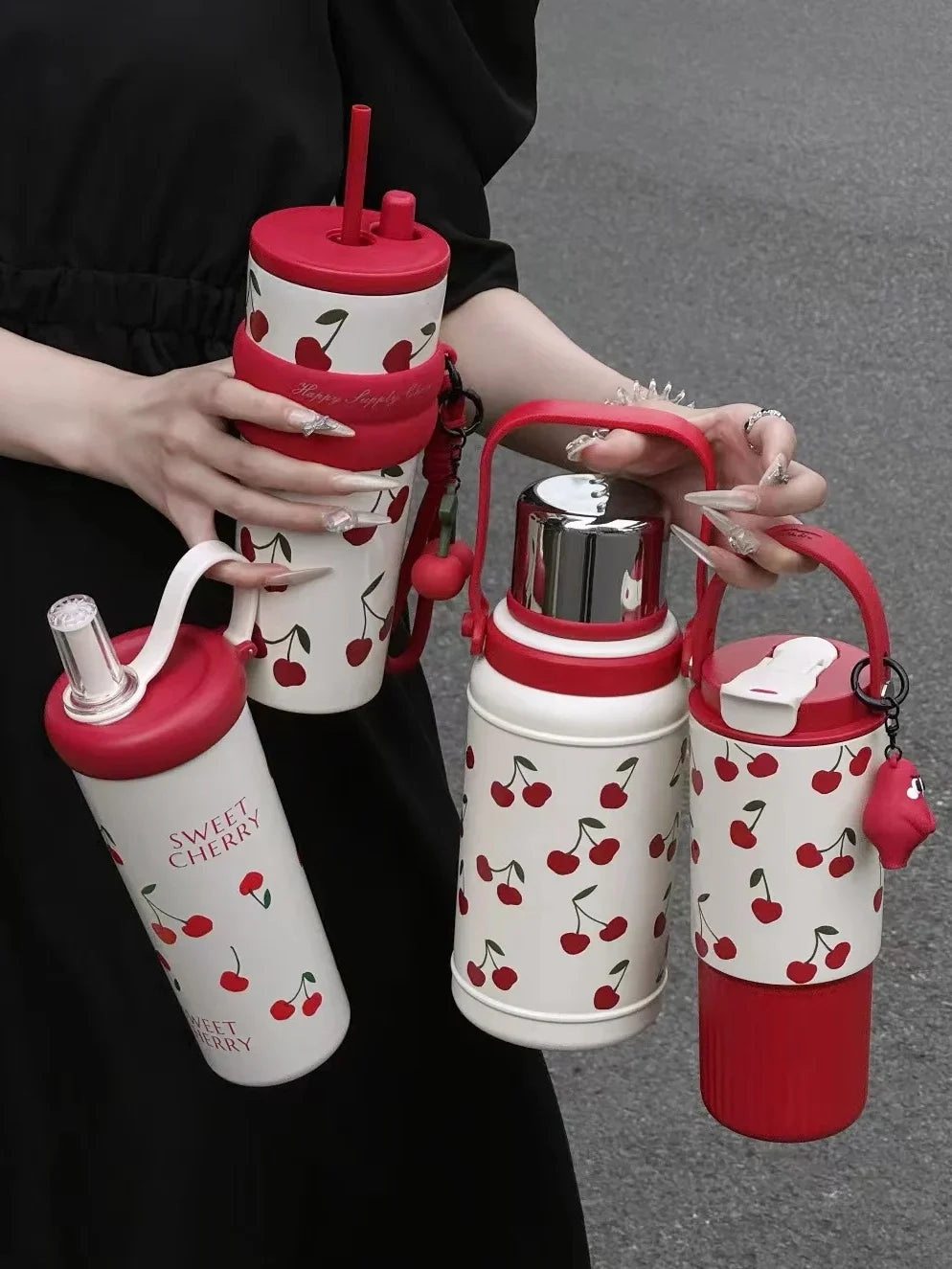 Portable Cherry Series Stainless Steel Insulated Straw Tumbler – Double-Wall Vacuum Travel Water Bottle for Hot & Cold Drinks