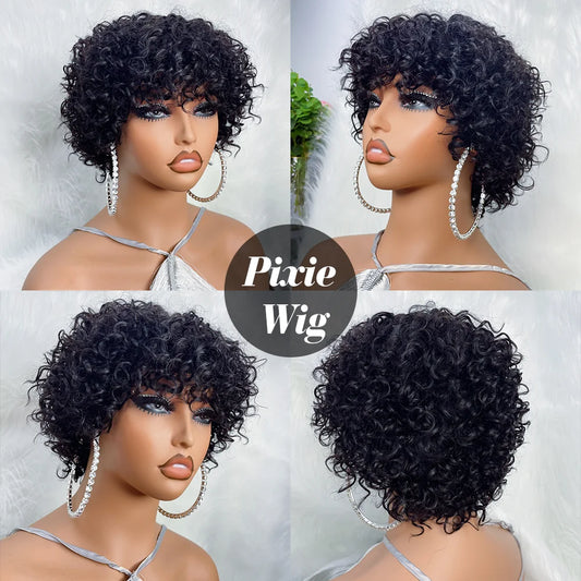 Pixie Cut Human Hair Wig for Black Women – Short Bouncy Curly Bob with Bangs, Afro Rose Funmi Style, Glueless Design