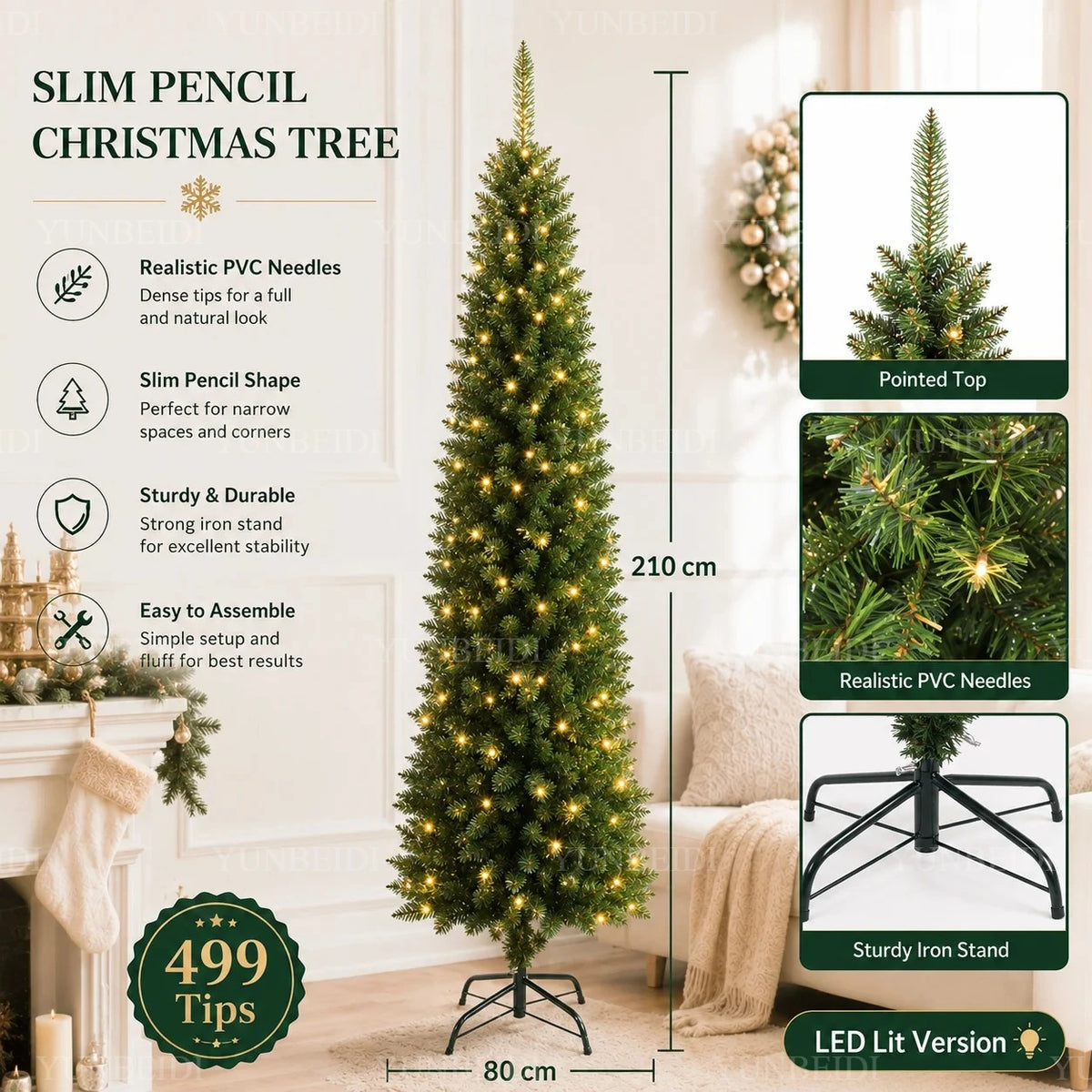 Slim Pencil Artificial Christmas Tree with Metal Stand, 120–210 cm Green PVC Tree with Optional Warm White USB Lights
