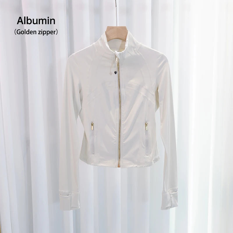 Women's Slim Fit Yoga & Workout Jacket with Gold Zipper – Long Sleeve Athletic Sports Jacket