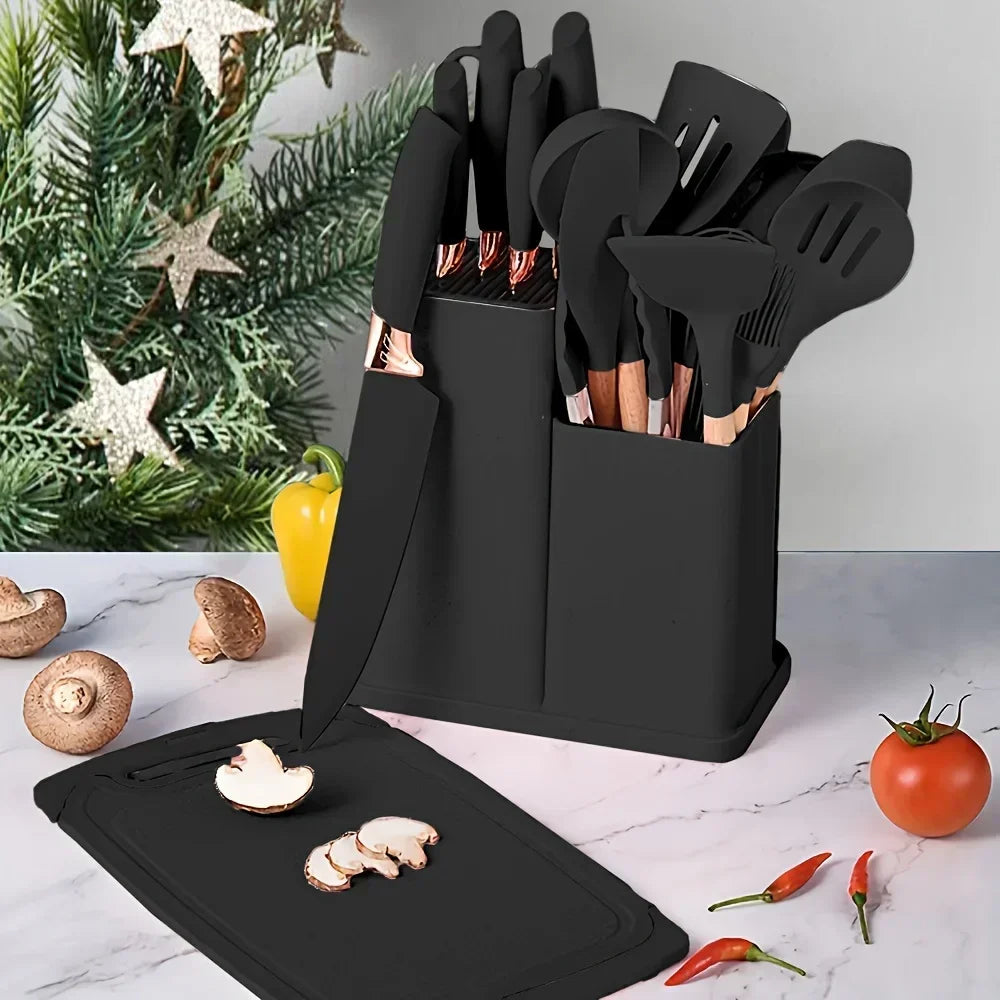 19-Piece Non-Stick Silicone Kitchen Utensil Set with Knives and Bamboo Storage – Heat-Resistant Tools Perfect for Cooking