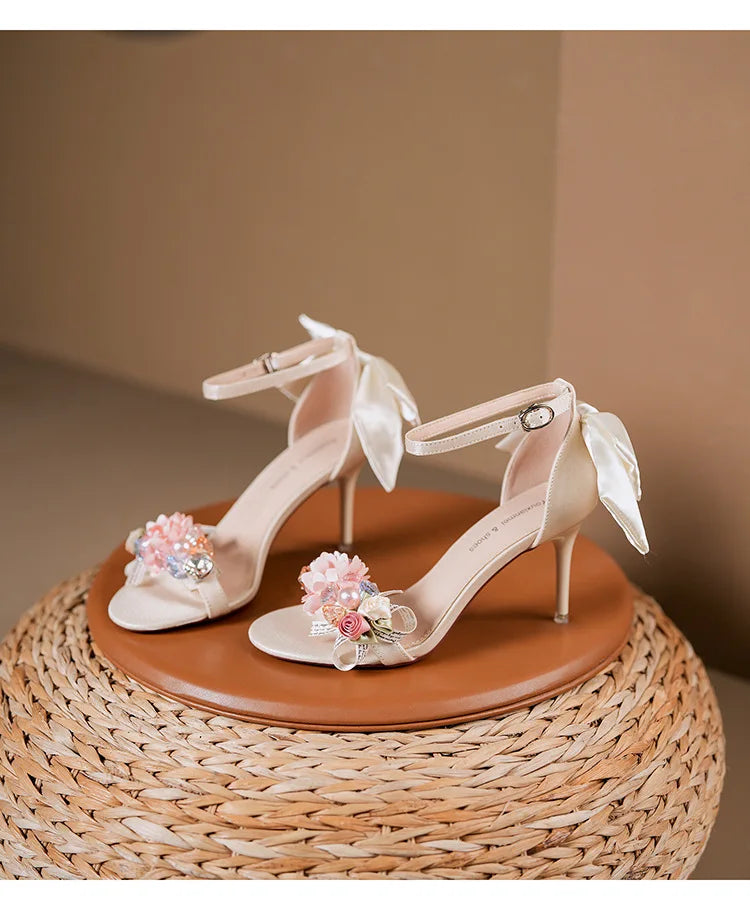 Women’s Open Toe High Heel Sandals – Satin Flower Bow, Buckle Strap, Elegant Dress & Wedding Shoes