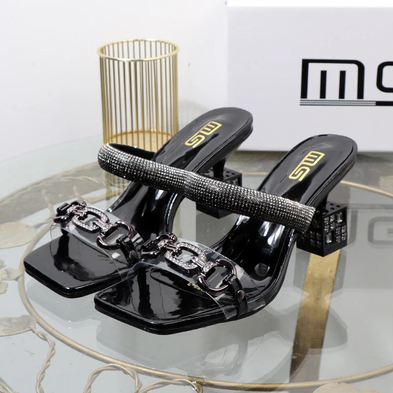 Women’s Transparent Strap Heeled Sandals – Chic Box-Style Square Alien Heel with Metal Accent | Summer Fashion Slippers