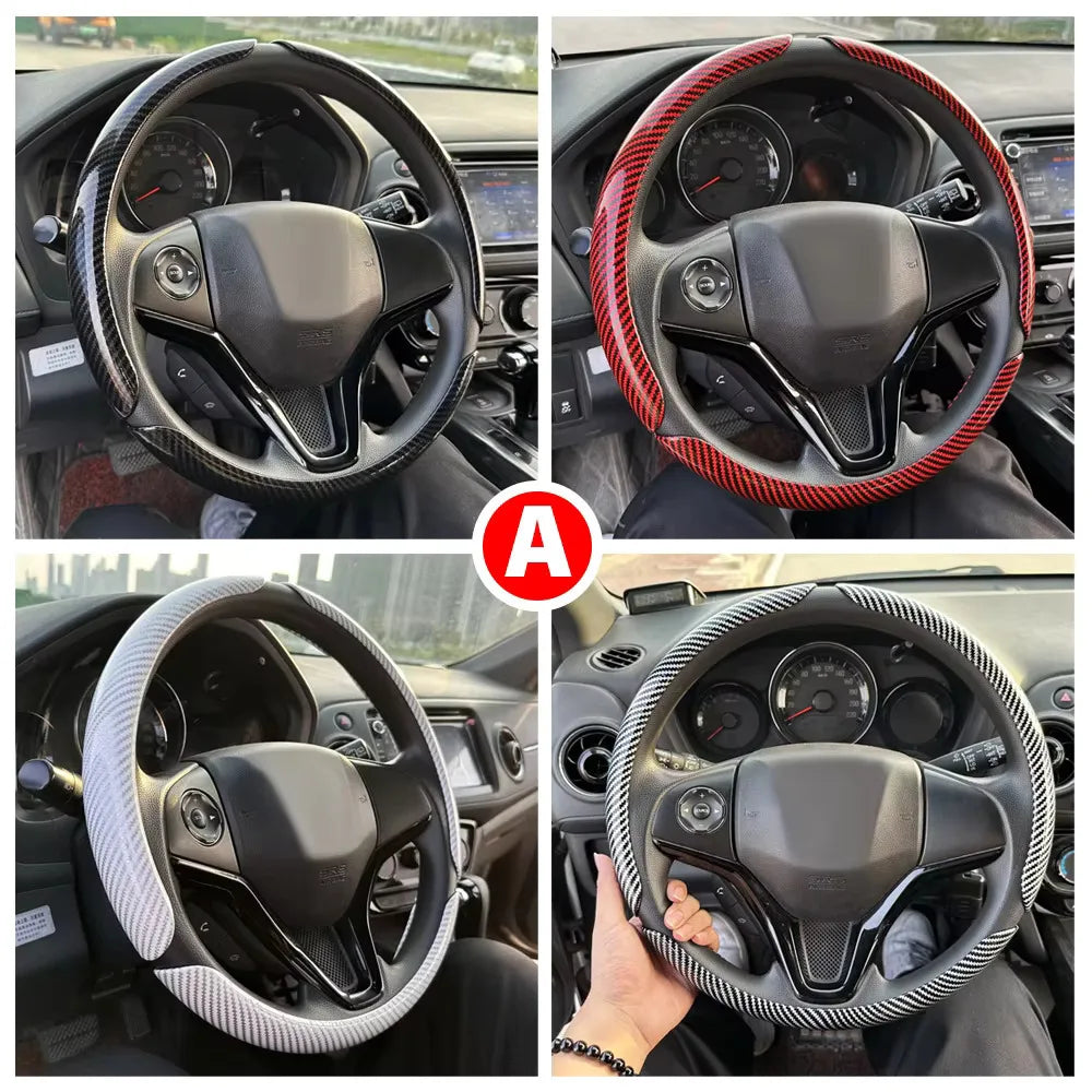 38 cm Car Steering Wheel Cover Set, 3-Piece Glossy Carbon Fiber Look Trim for Round Steering Wheels