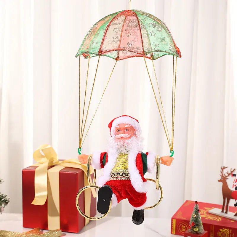 Battery-Operated Musical Santa Claus Parachute Ornament with Animated Flipping Motion, Hanging Indoor Christmas Decoration
