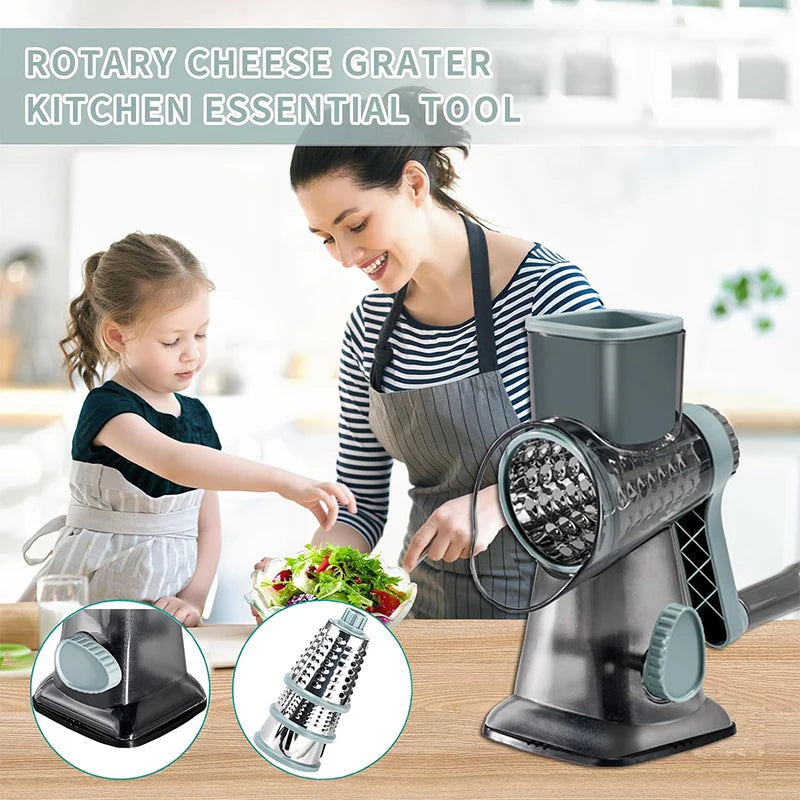 3-in-1 Rotary Cheese Grater – Manual Vegetable Slicer and Nut Grinder with Stainless Steel Blades