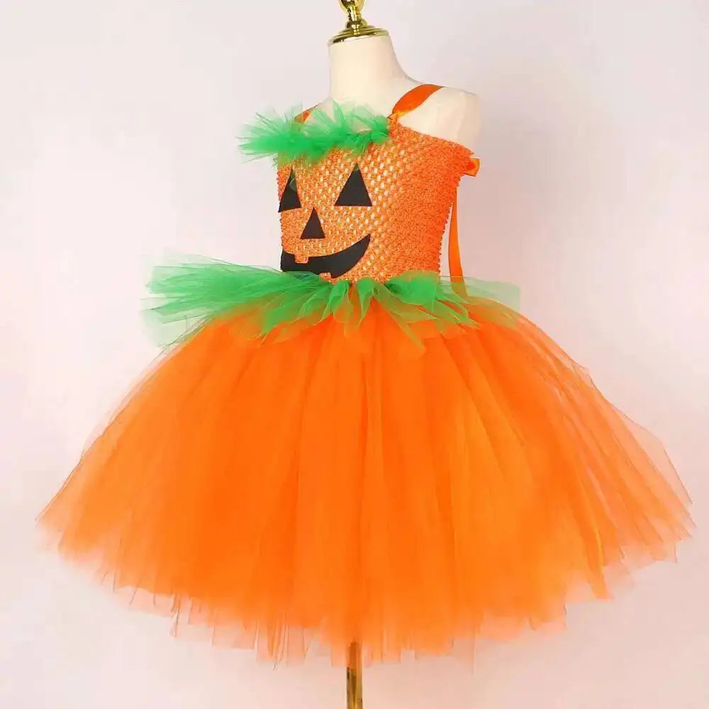 Girls Pumpkin Witch Costume – Halloween Fancy Dress Outfit with Tutu for Kids, Carnival & Party Wear