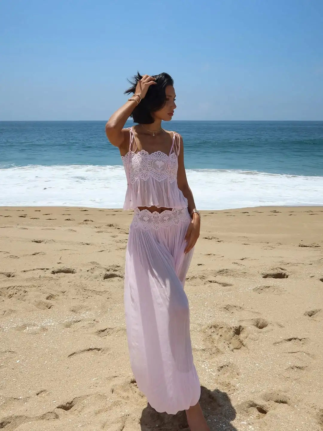 Women's Lace Double Strap Crop Top Two-Piece Set, Boho Sleeveless Flowy