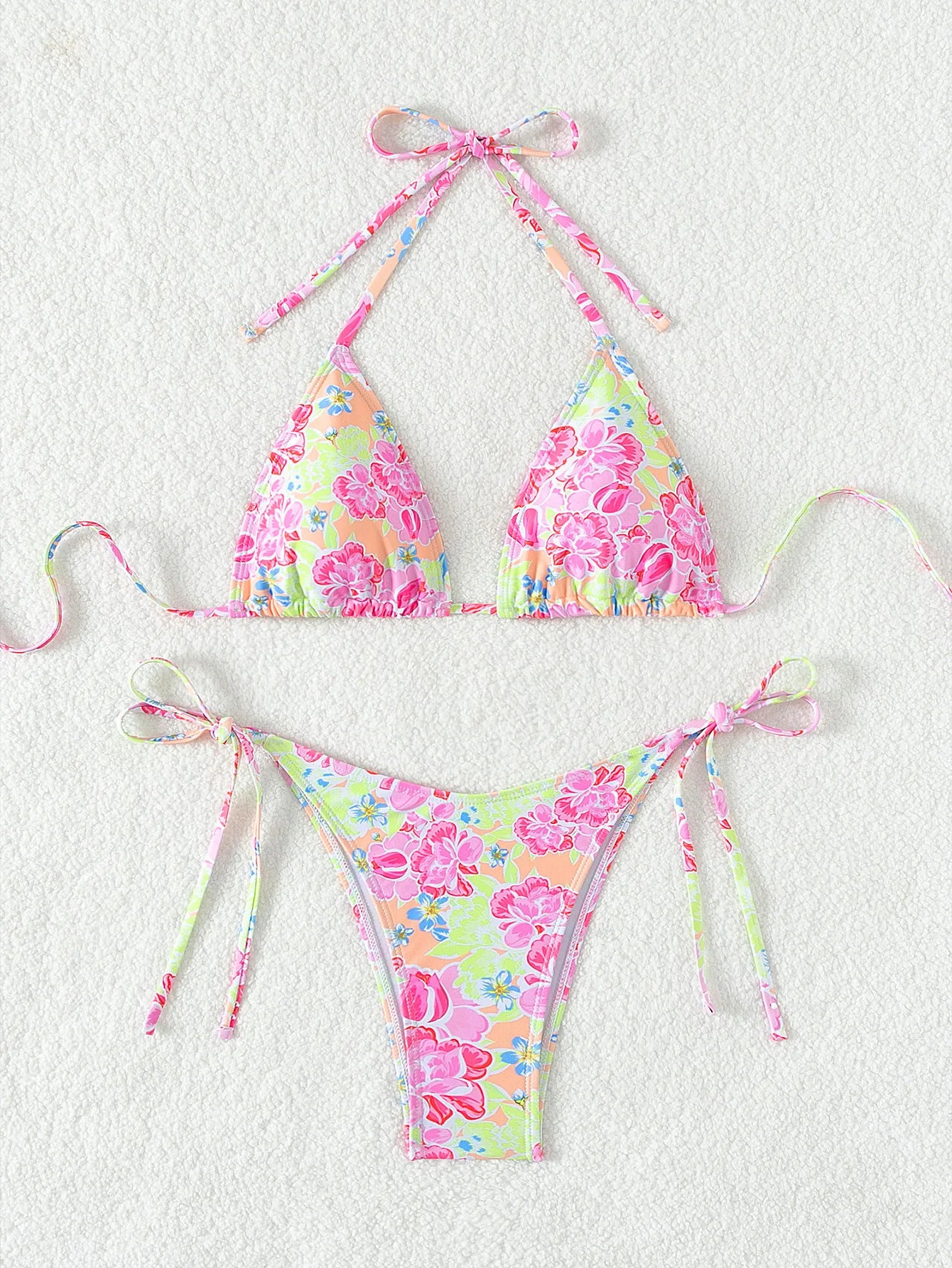 Women’s Blue Floral Print 2-Piece Bikini Set – Push-Up Bra and Thong Swimsuit for Beach and Swimwear