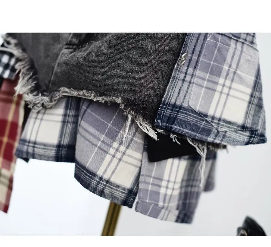 Vintage Plaid Denim Splicing Asymmetrical A-Line Mini Skirt