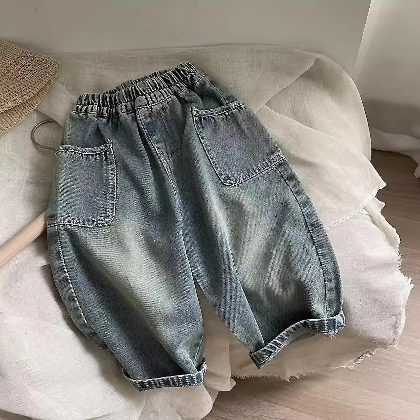 New Fashion Childrens Spring and Autumn  Casual Pants for Small and Medium Sized Children Side Pocket Grinding White Boys Jeans