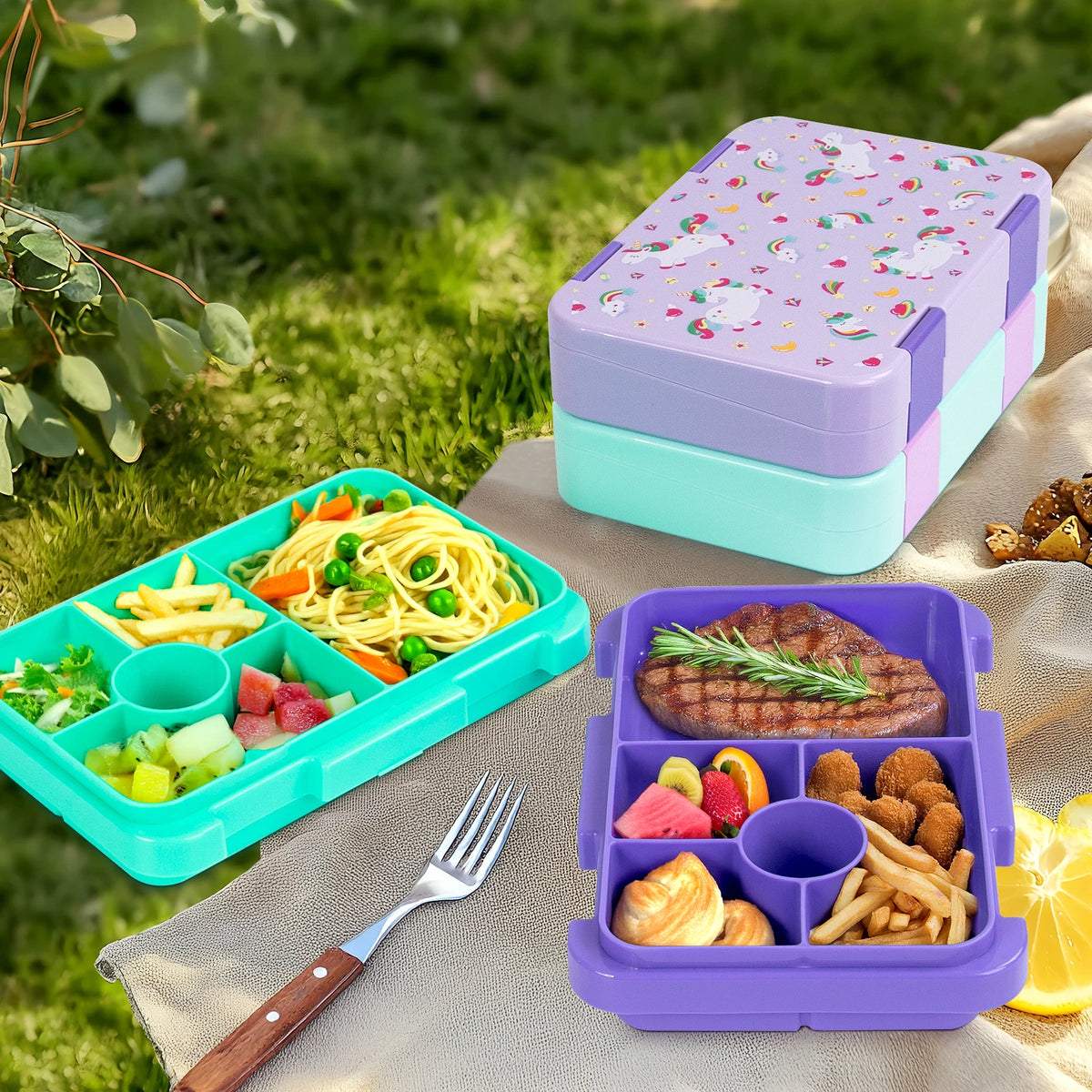 Cartoon Printed Microwavable Bento Lunch Box with 5 Compartments