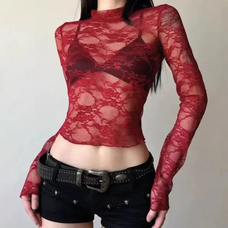 Women's Sheer Lace Top – Long Sleeve Rose Pattern, Slim Fit Fashion Blouse
