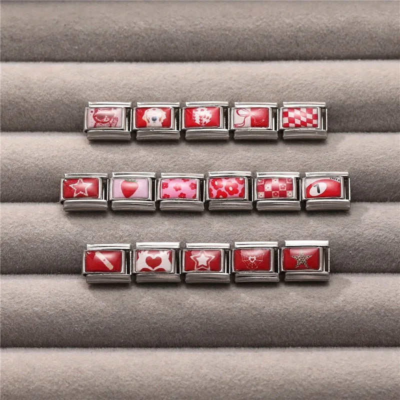 DIY Italian Charm Bracelet – Black & Red Cat Eye, Heart & Stripe Charms, 9mm Stainless Steel
