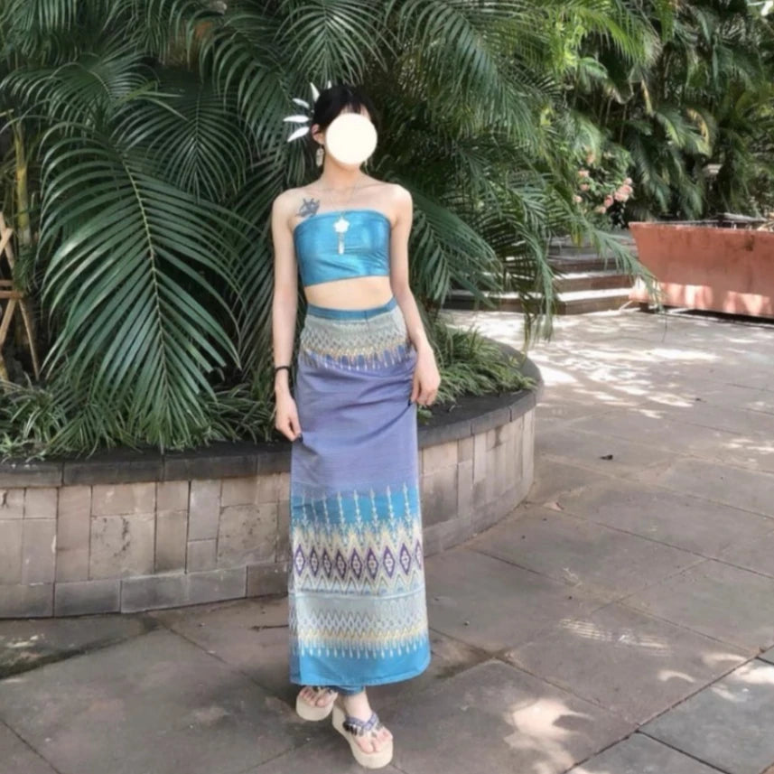 Women’s Thai Traditional Clothing Set (2-Piece) – Dai Minority Ethnic Dress, Retro National Costume for Dance, Cultural Events & Photoshoots