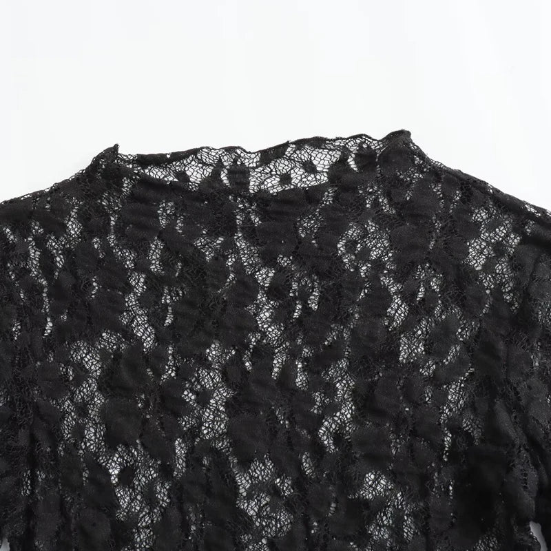 Women's Lace Bodysuit – Black Cutwork One-Piece, Long Sleeves, O-Neck, High-Stretch Fabric – Elegant Autumn Wear