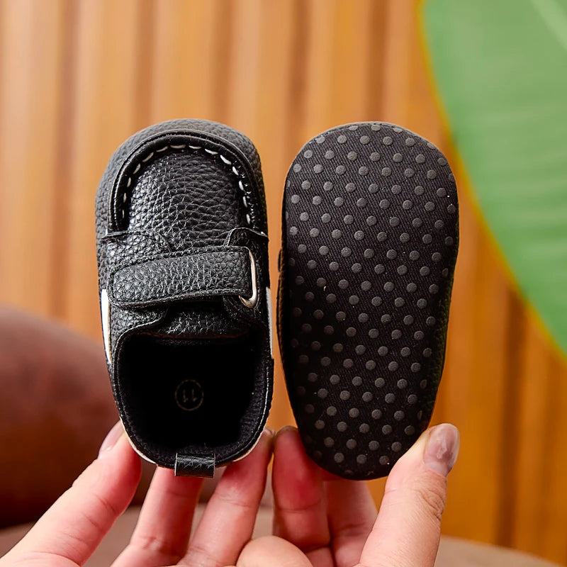 Baby Soft-Sole Loafer Shoes with Hook-and-Loop Straps, PU Leather Prewalker Moccasin Style