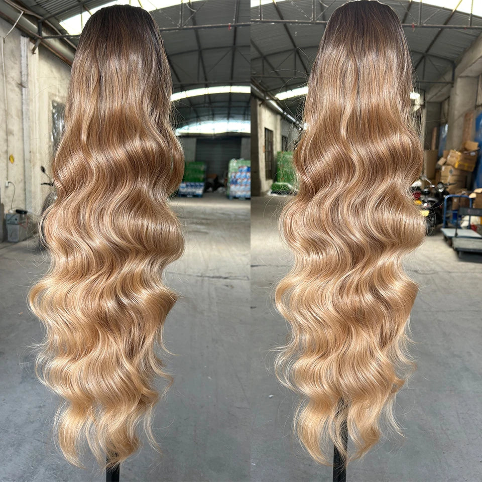 28-Inch Synthetic Drawstring Ponytail – Ombre Brown & Piano Blonde Body Wave, 180g Heat-Resistant Hair Extension