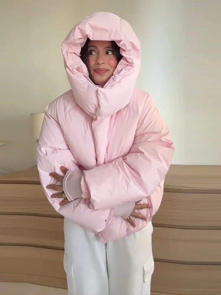 Women’s Hooded Cotton Winter Jacket – Solid Color Short Coat with Zipper Pockets, Warm Casual Outerwear