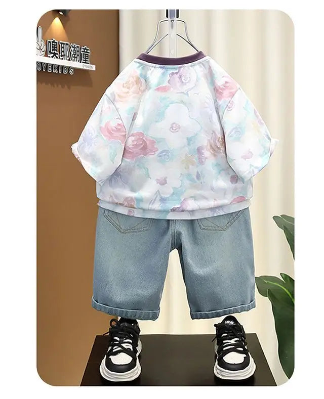 2025 Kids Clothing Boys' summer outfit set new stylish children's short sleeved letter T-shirt denim shorts 2-piece set