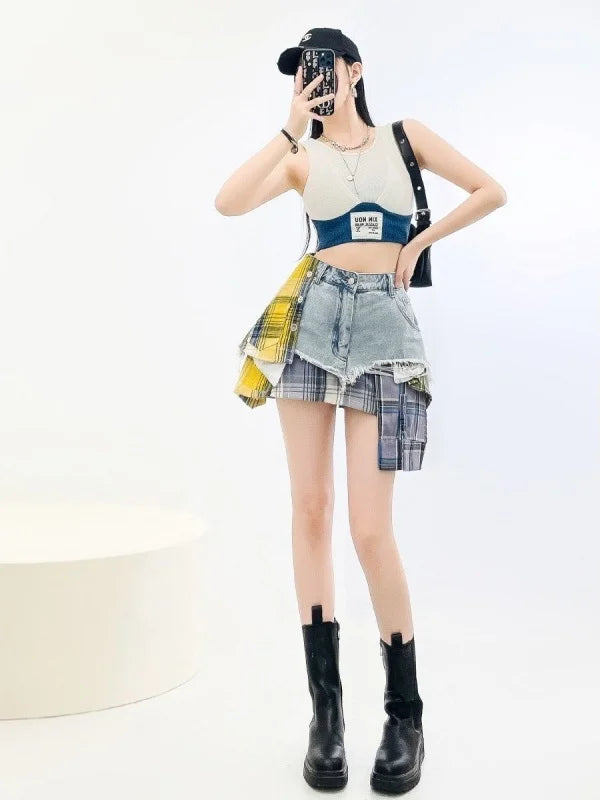 Vintage Plaid Denim Splicing Asymmetrical A-Line Mini Skirt