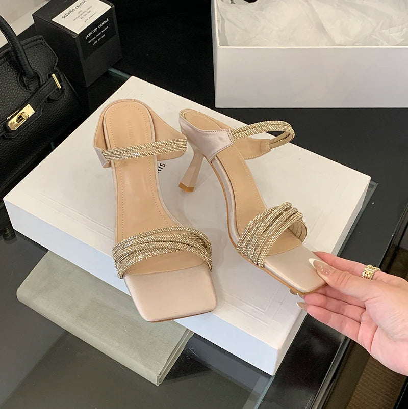 Women’s Open Toe High Heel Sandals with Rhinestone Spaghetti Straps | Party & Dress Shoes