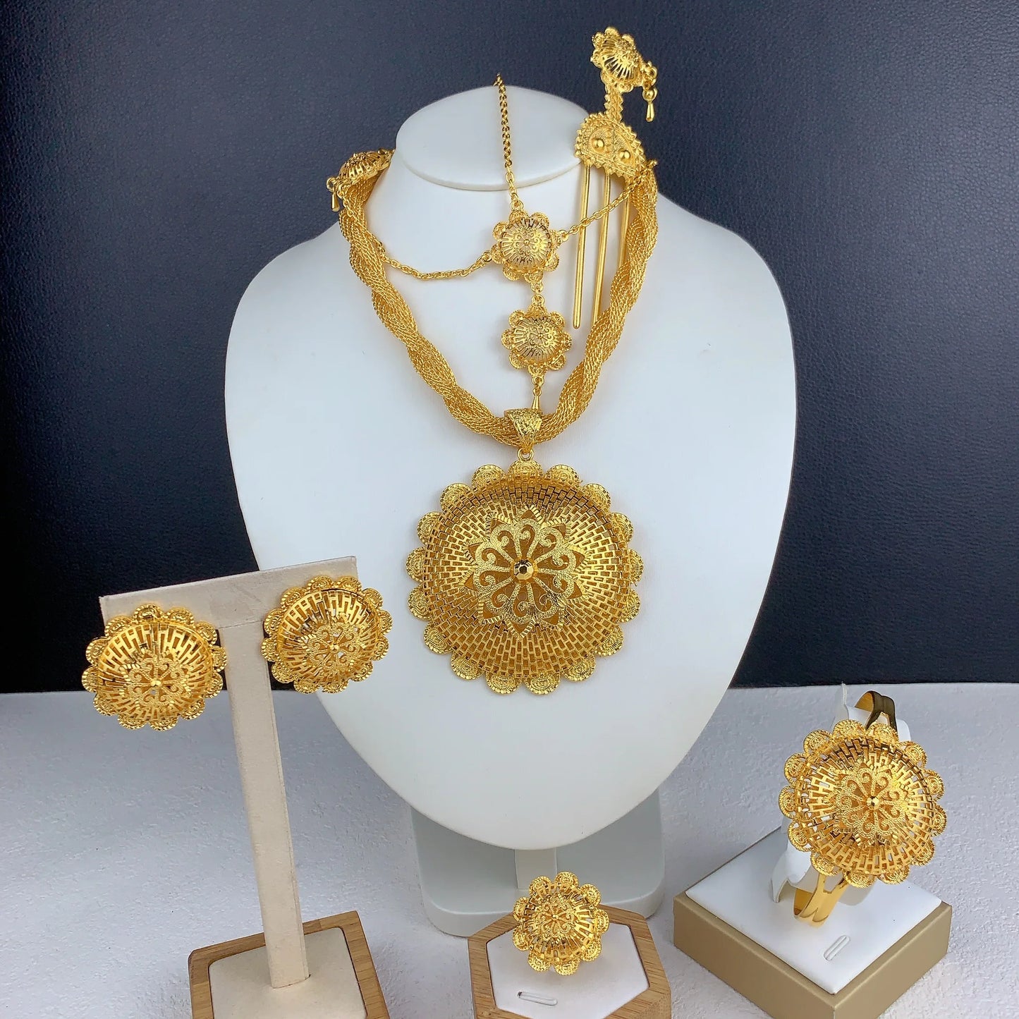 African Ethiopian Eritrean Habesha Dubai 24K Gold-Plated Flower Pendant 6-Piece Jewelry Set