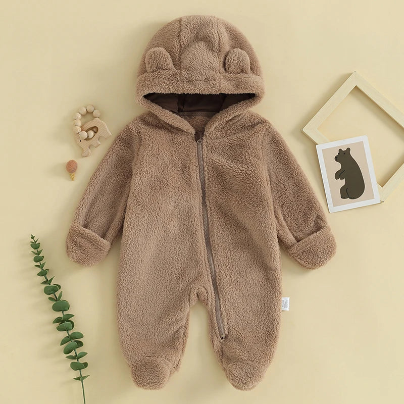 Infant Hooded Winter Romper – Long Sleeve Zipper Jumpsuit for Babies (0–12 Months)