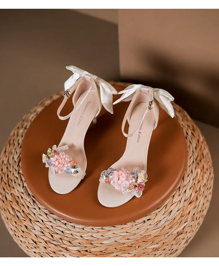 Women’s Open Toe High Heel Sandals – Satin Flower Bow, Buckle Strap, Elegant Dress & Wedding Shoes