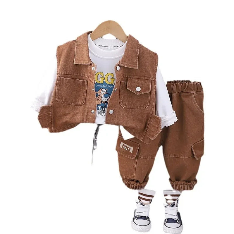 2025 Autumn New Style Denim Long Sleeve Vest With Double Pocket Children's Fashion Streetwear Three-Piece Suit For Middle And Small K