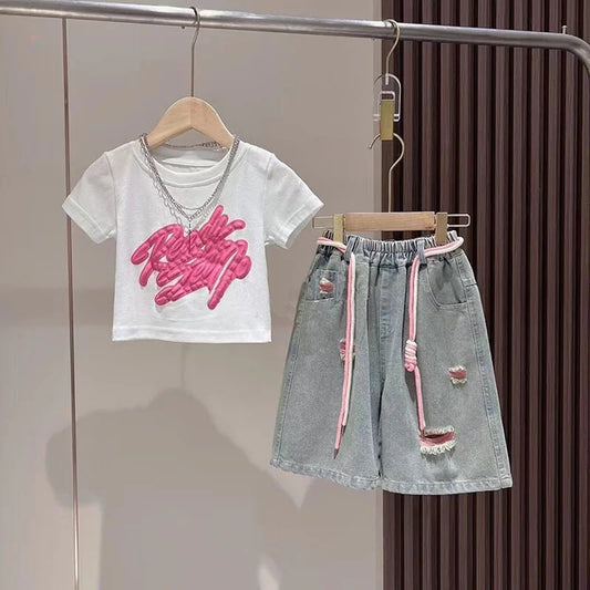 Girls' Summer Outfit – Short-Sleeve T-Shirt & Denim Shorts Set | Ripped Jeans or Wide-Leg Pants Options